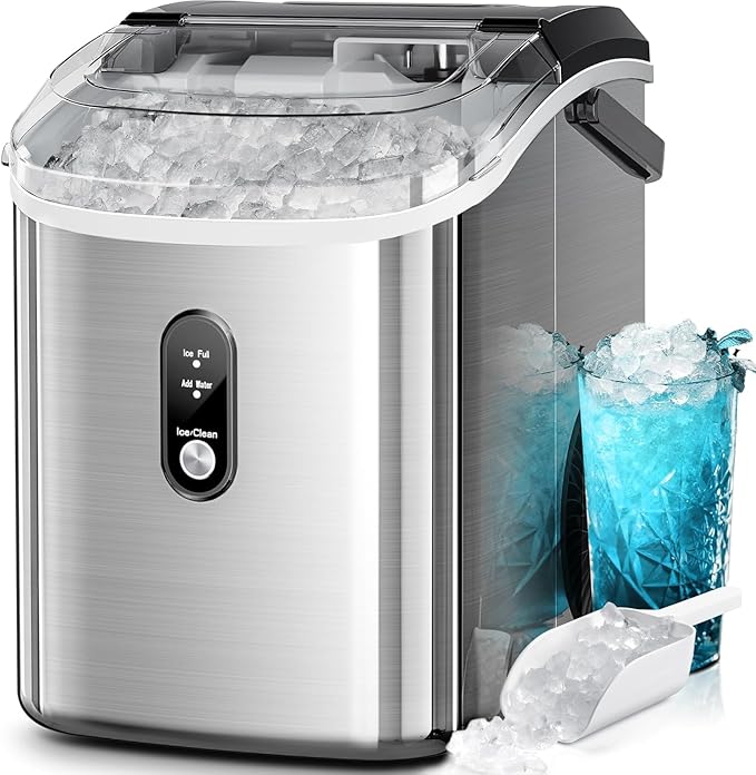 Kismile Nugget Ice Makers Countertop,35Lbs/24H,Portable Sonic Ice Machine with Self-Cleaning,One-Click Operation for Home/Office(Stainless Steels Silver)