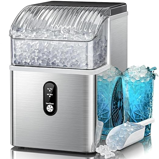 Kismile Nugget Ice Makers Countertop,Portable Ice Machine with Crushed Ice, 35lbs/Day,Self-Cleaning,One-Click Operation for Home Use(Silver)