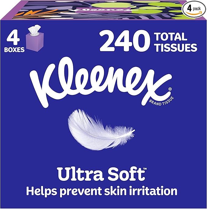 Kleenex Ultra Soft Facial Tissues, 4 Cube Boxes, 60 Tissues per Box, 3-Ply (240 Total), Packaging May Vary