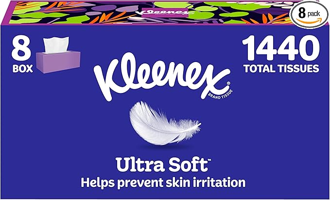 Kleenex Ultra Soft Facial Tissues, 8 Flat Boxes, 180 Tissues per Box, 3-Ply, Packaging May Vary