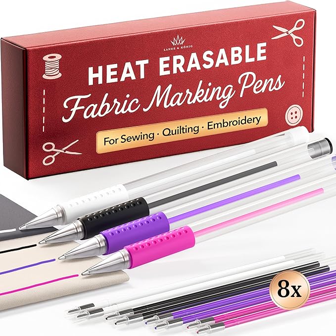 Lange & König Heat Erasable Fabric Marking Pens for Sewing - 4 Pens + 8 Refills - Sewing Supplies Quilting Supplies Table Accessories Embroidery Pen Tailors Chalk Alternative