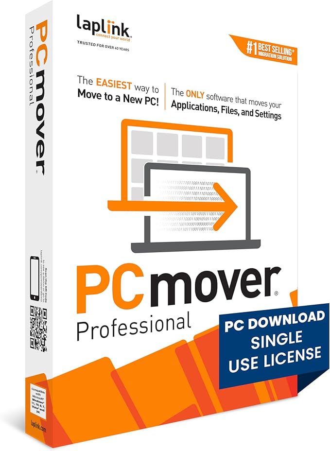 Laplink PCmover Professional - Move your Applications, Files and Settings from an Old PC to a New PC - Data Transfer Software - 1 Use License