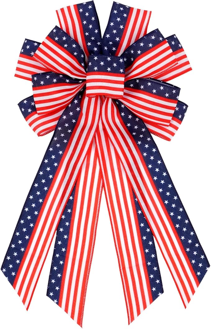 Large Patriotic Wreath Bow, 4th of July Decorations, Red White Blue American Flag, Classic Stars and Stripes Wired Ribbon for Front Door