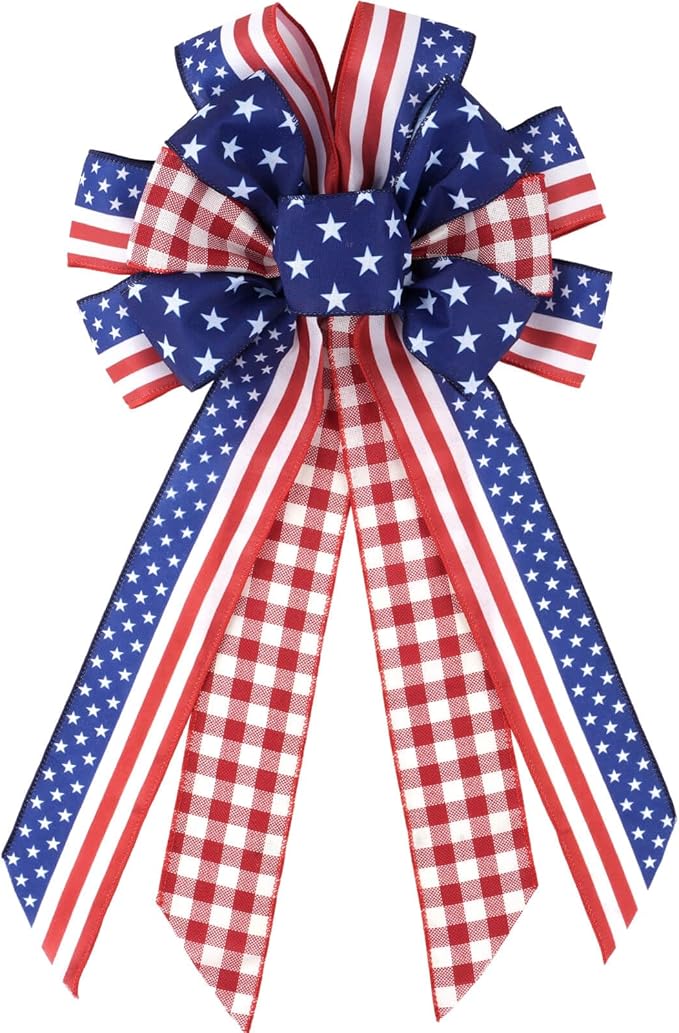 Large Patriotic Wreath Bow, 4th of July Decorations, Red White Blue American Flag, Stars Stripes Buffalo Plaid Wired Ribbon for Front Door