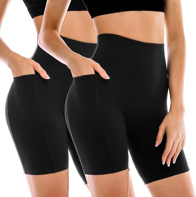 Leafigure 2 Pack Womens Biker Shorts with Pockets, High Waisted Tummy Control Yoga Shorts for Women Running Gym and Workout