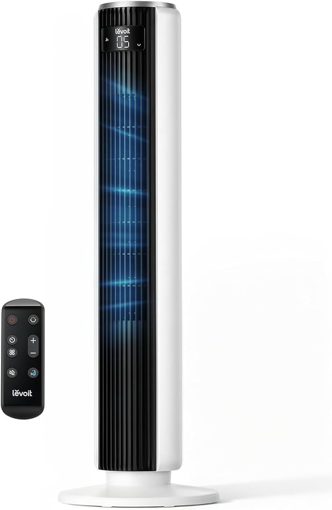 LEVOIT Tower Fan for Bedroom, 90° Oscillating Standing Fan with 28dB Quiet for Sleep, 25ft/s Velocity, 12H Timer, 5 Speeds 4 Modes, Remoter, Bladeless Room Fan for Home, Office, Indoor, 36 inch, White