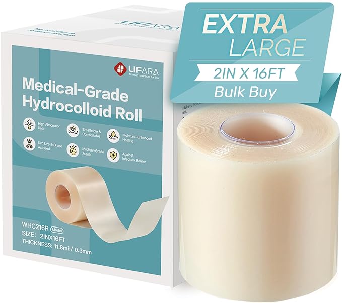 LIFARA Hydrocolloid Roll for Wound Care - Cut-to-Size, Hydrocolloid Patch Bandages with Self-Adhesive, Ultra Absorbent & Waterproof, First Aid Kit Essential (11.8mil/ 0.3mm Thickness, 2in*16ft)