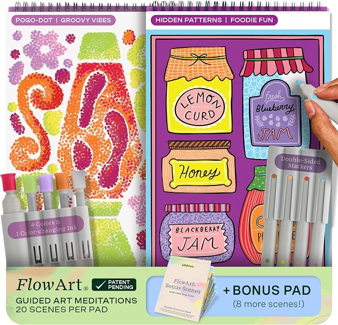 Lifelines FlowArt Activity Pads, 2-Pack & Bonus Pad - Guided Art Meditations - 2 Sets of Markers & 48 Scenes - Hidden Patterns & Pogo-Dot Coloring Books for Tweens, Adults & Seniors - Patent-Pending