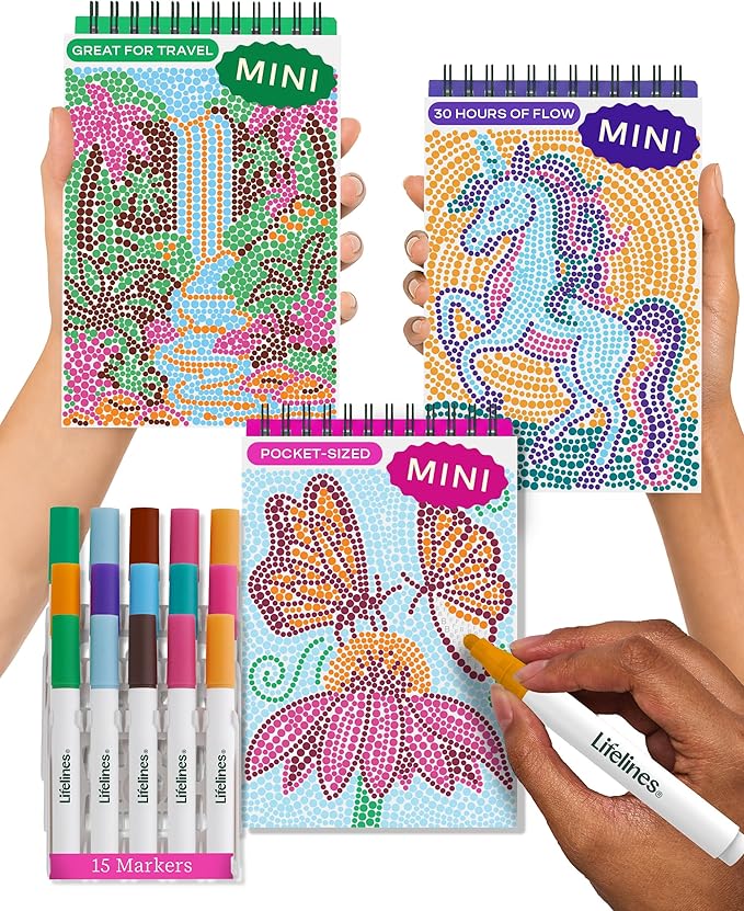 Lifelines FlowArt Mini Activity Pads, 3-Pack - Guided Dot-by-Letter Art Meditations with Markers - 15 Markers & 60 Scenes - Pocket-Sized Coloring Books for Tweens, Adults & Seniors - Patent-Pending