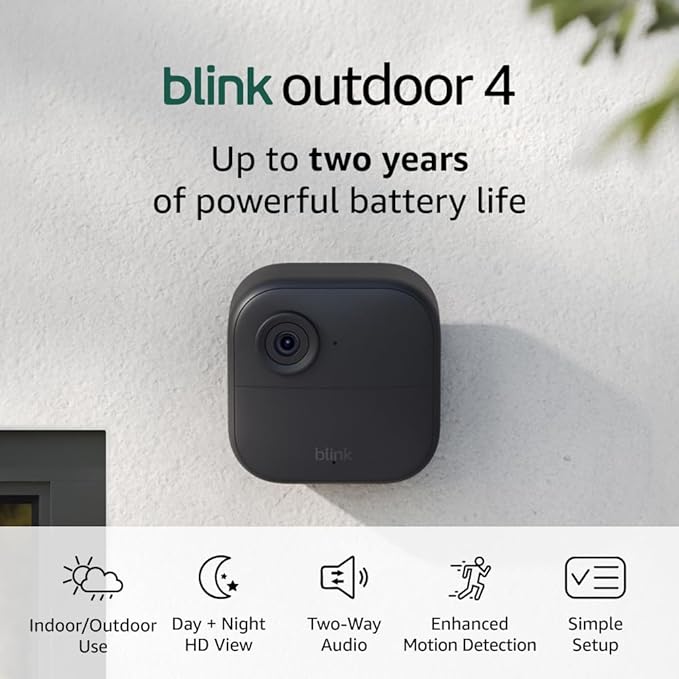 Like-New Blink Outdoor 4 – Wireless smart security camera, two-year battery, 1080p HD day and infrared night live view, two-way talk – 2 camera system