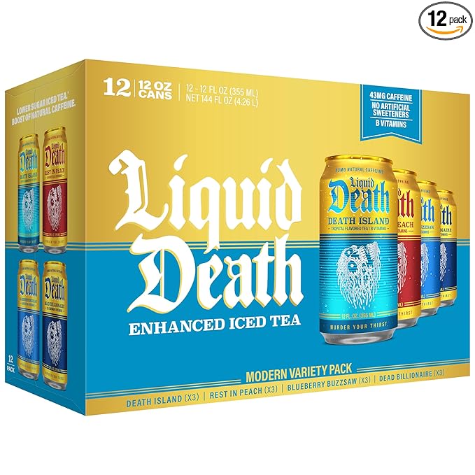Liquid Death Iced Tea - Modern Variety, Less Sugar*, Boost of Caffeine, B Vitamins, No Artificial Sweeteners, 4 Flavors: Tea/Lemonade, Rest in Peach, Death Island, Blueberry Buzzsaw, 12 Fl Oz (Pack of 12)
