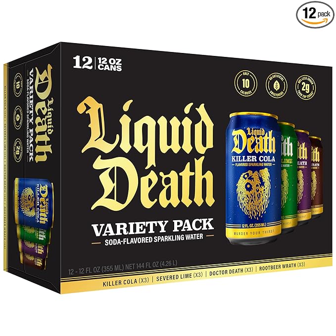Liquid Death Soda-Flavored Sparkling Water - Classic Variety, Less Sugar*, Huge Flavor, No Caffeine, No Artificial Sweeteners, 4 Flavors: Lime, Doctor Death, Cola, Root Beer, 12 Fl Oz (Pack of 12)