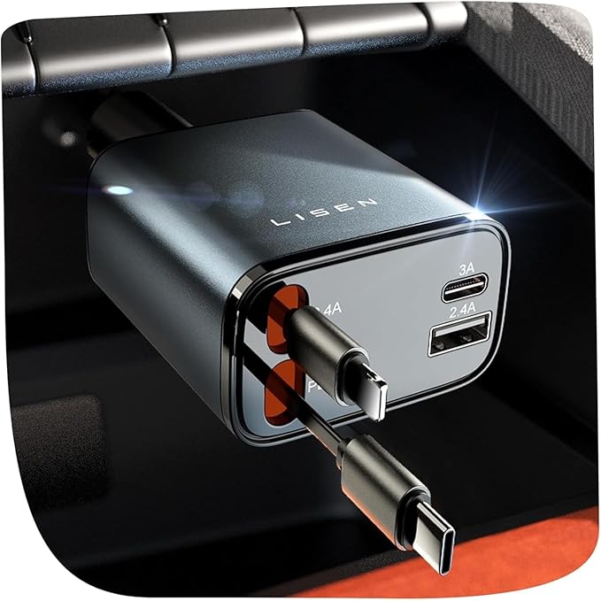 LISEN Retractable Car Charger, 84W Car Charger USB C Fast Charger Adapter for iPhone, Car Accessories for Men Women, Gifts for Fathers Day for Men Dad Husband, for iPhone 17 16 15 14 13 12 11 Samsung