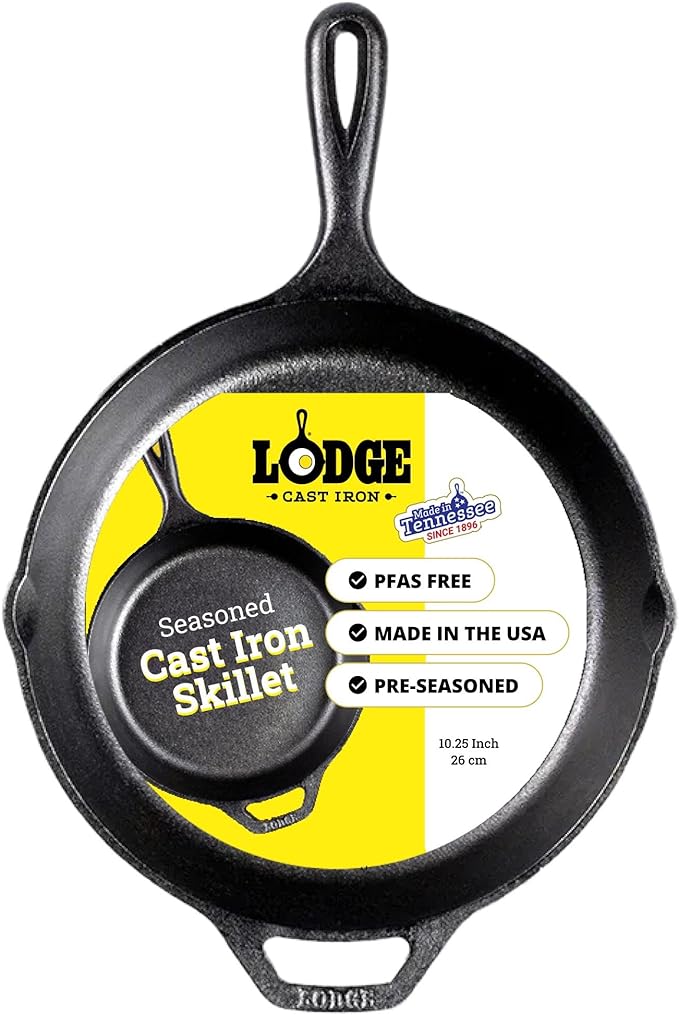 Lodge Seasoned Cast Iron Skillet 10.25 Inches - PFAS-Free, Non-Toxic Cookware - Use with an Oven, Stove, Grill, or Campfire - Naturally Non-Stick & Oven Safe