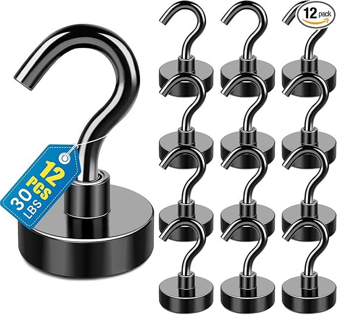 LOVIMAG Magnetic Hooks, 12 Pack 30lbs+ Magnet Hook 2026 Cruise Cabin Ship Essentials Heavy Duty Strong Magnets Refrigerator Fridge Hanging for Classroom Beach Vacation Kitchen Grills (Black)