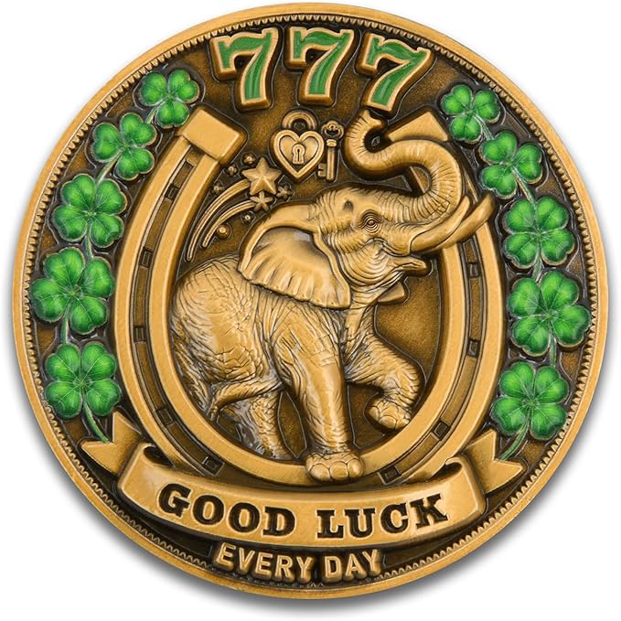 Lucky Charm Coin with Elephant and 4 Leaf Clover for Good Luck, Happiness, Success Lucky Coin Gift, Lucky Charms for Women, Men Good Luck Token, Positive Affirmation Coin, Lucky Charms