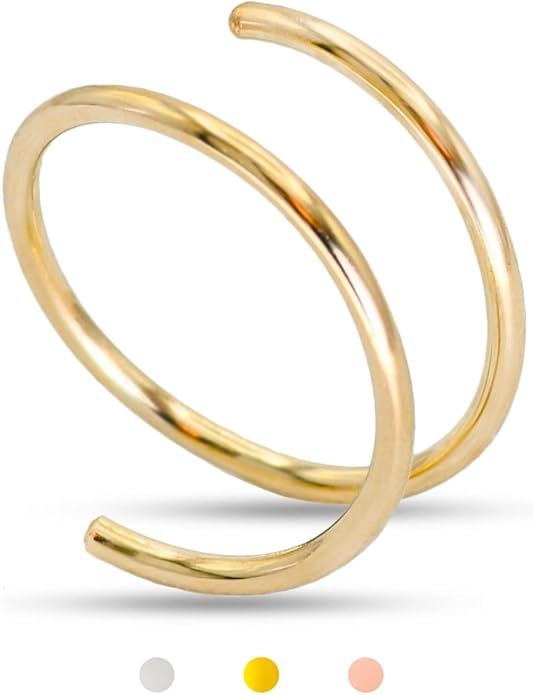 LUCKYJEWUS Double Nose Ring Hoop for Single Piercing, 14k Gold Filled or Sterling Silver Spiral Twist Nose Hoop for Women Men