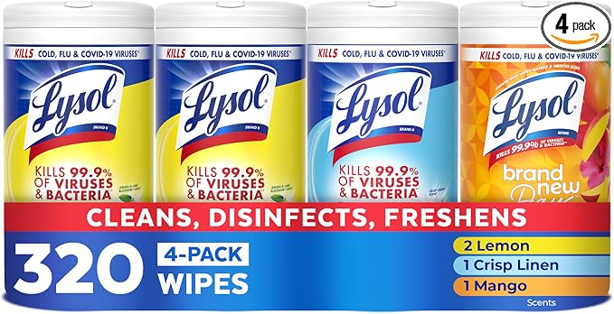 LYSOL Disinfecting Wipes, All Purpose Cleaner, Multi-Surface Antibacterial Cleaning Wipes, Household Cleaning Supplies, Dorm Essentials, Lemon + Mango & Hibiscus + Crisp Linen Scent, 80 ct. (4 Pack)