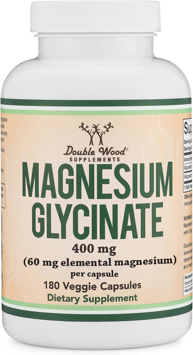 Magnesium Glycinate 400mg | 180 Capsules | Sleep, Muscle, & Heart Support | Vegan, Third Party Tested, Gluten Free, Non-GMO, by Double Wood Supplements