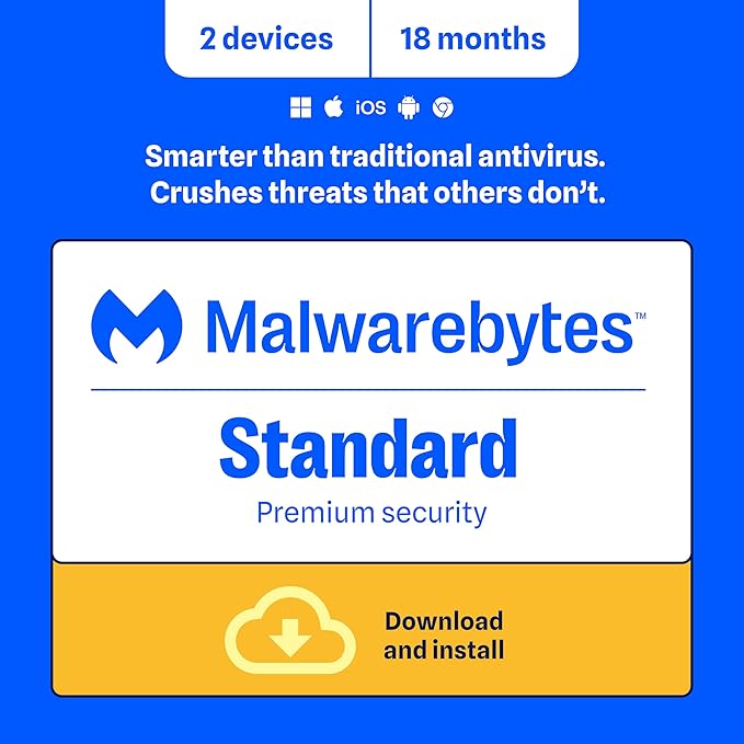 Malwarebytes Standard, Premium Security| Amazon Exclusive | 18 Months, 2 Devices | Windows, Mac OS, Android, Apple iOS, Chrome [Online Code]