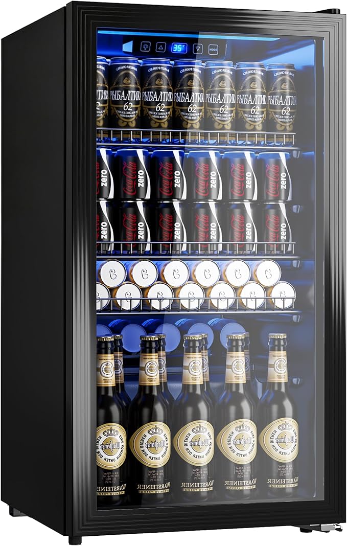 Manastin Beverage Refrigerator Cooler-130 Cans Freestanding Mini Fridge Cooler with Glass Door, Adjustable Shelves & Digital Temperature Display for Soda, Wine or Beer (Black, 3.2 Cu.Ft)