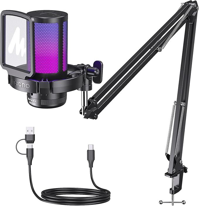 MAONO USB Gaming Microphone for PC, Noise Cancellation Condenser Mic with Mute, Gain, Monitoring, RGB Boom Mic for Streaming, Podcast, Twitch, Discord, Computer, PS4, PS5, Mac, GamerWave DGM20S,Black