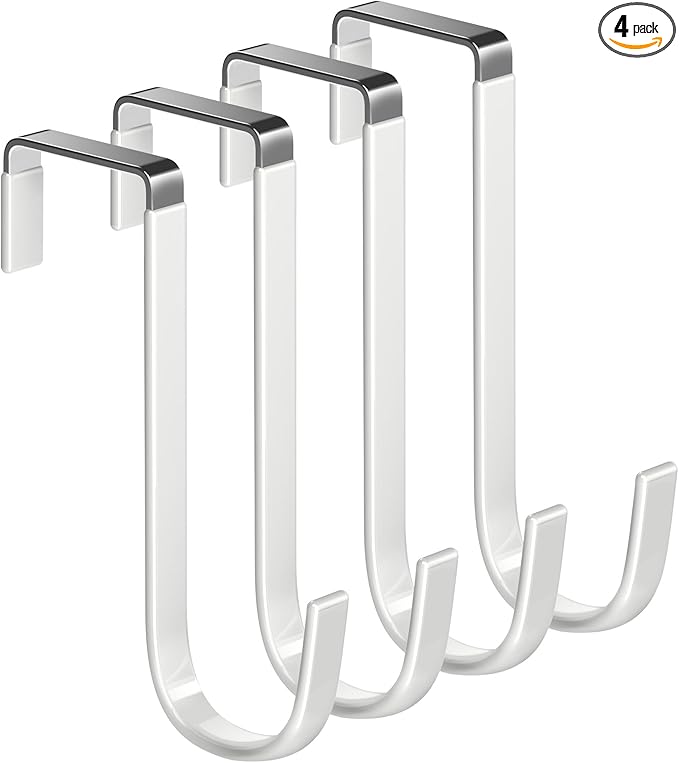 Mars-Rock Over the Door Hooks 4Pcs L=5.5" Fit 1 3/8" Door Steel with White Rubber Coating Hanging Towel Robe Clothing Hanger for Bathroom Room Wreath Ironing Board Holder Cute Thin Single Heavy Duty