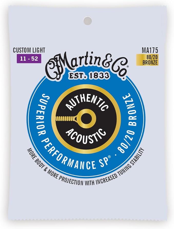 Martin Authentic Acoustic Guitar Strings, Superior Performance Custom Light 11-52, 80/20 Bronze