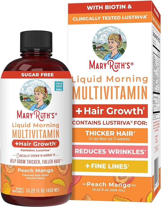 MARYRUTH'S Liquid Multivitamin + Hair Growth | Clinically Tested in Women for Thicker Hair & Facial Wrinkles | Biotin 10000mcg | Lustriva Hair Growth Supplements | Skin Care | Ages 18+ | 15.22 Fl Oz