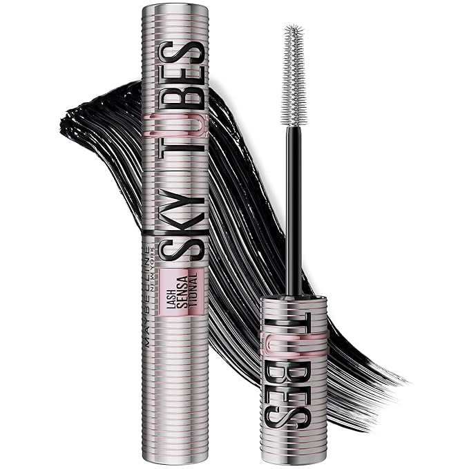 Maybelline Lash Sensational Sky Tubes Tubing Mascara, Extension-Like Lengthening Mascara, 24HR Eye Makeup with Shea Butter & Castor Oil, Very Black, 1 Count
