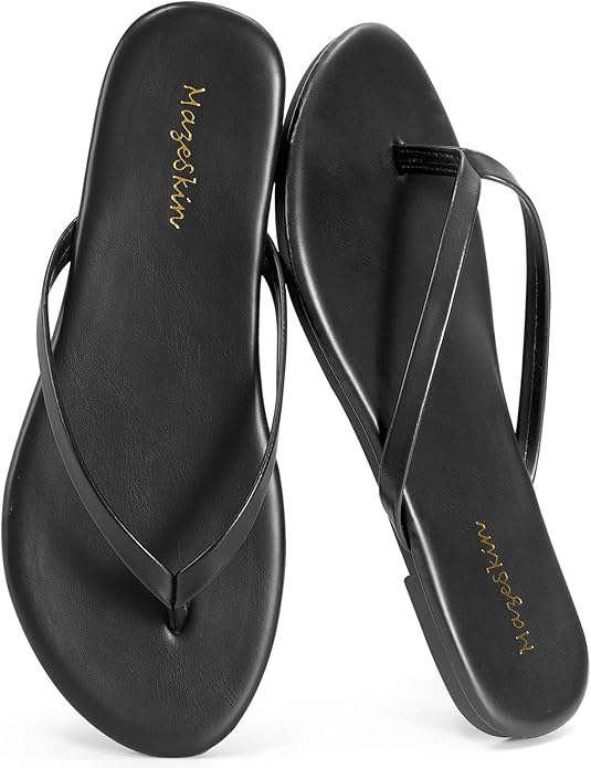 mazeskin Women's Memory Foam Comfortable Flat Thong Sandals Dressy Summer Beach Leather Slide Flip Flops