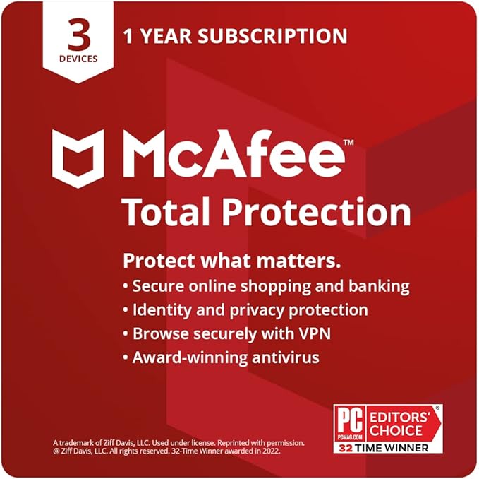 McAfee Total Protection | 3 Device | Antivirus Internet Security Software | VPN, Password Manager, Dark Web Monitoring | 1 Year Subscription | Download Code