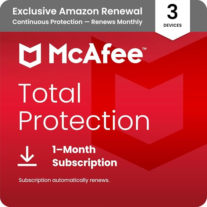 McAfee Total Protection 3-Device | AntiVirus Software 2026 for Windows PC & Mac, AI Scam Detection, VPN, Password Manager, Identity Monitoring | 1-Month Subscription Amazon Auto-Renewal | Download