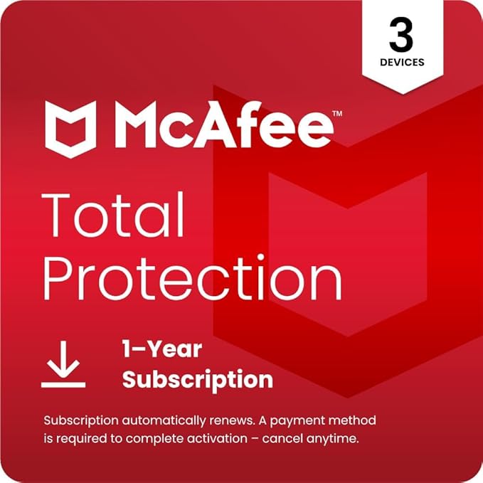 McAfee Total Protection 3-Device | AntiVirus Software 2026 for Windows PC & Mac, AI Scam Detection, VPN, Password Manager, Identity Monitoring | 1-Year Subscription with Auto-Renewal | Download