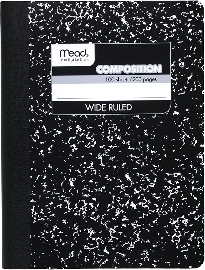 Mead Composition Notebook, Wide Ruled Paper, 7.5" x 9.75", 100 Sheets, Black Marble (09910)