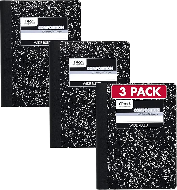 Mead Composition Notebook, Wide Ruled Paper, 7.5" x 9.75", 100 Sheets, Black Marble, 3 Pack (38301)