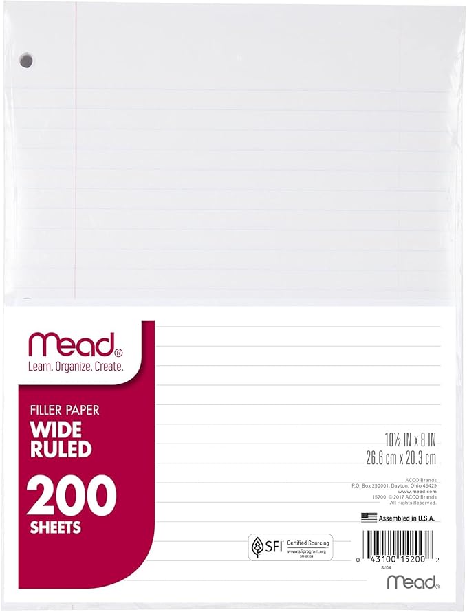 Mead Loose Leaf Paper, Wide Ruled Filler Notebook Paper, 8" x 10-1/2", 200 Sheets, Fits 3-Ring Binder (15200)