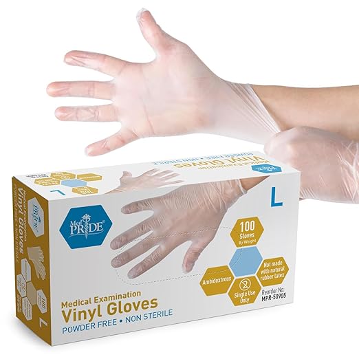 MED PRIDE Disposable Medical Grade Vinyl Exam Gloves, Latex & Powder Free, Ultra-Strong, for Healthcare & Food Handling (Large (Pack of 100) 100 Clear)