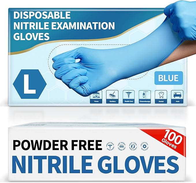 Medguy Medical Blue Nitrile Disposable Exam Gloves, 4.5 Mil 100 Pcs Powder-Free Latex-Free Food-Safe for Lab Cooking Cleaning