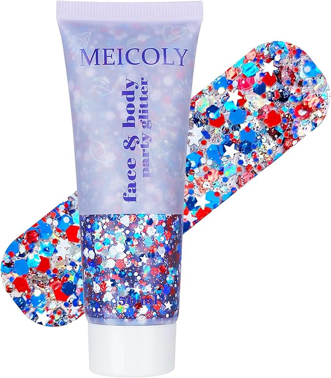 MEICOLY 250th Red White and Blue Patriotic Face Glitter,Fourth of July Star Hair Glitter,4th of July Outfits for Women,USA Flag Body Glitter for Independence Day Veterans Day