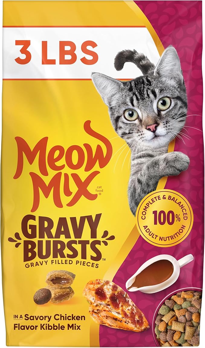 Meow Mix Gravy Bursts, Savory Chicken Flavor Mix, Gravy Filled Dry Cat Food, 3 lb. Bag