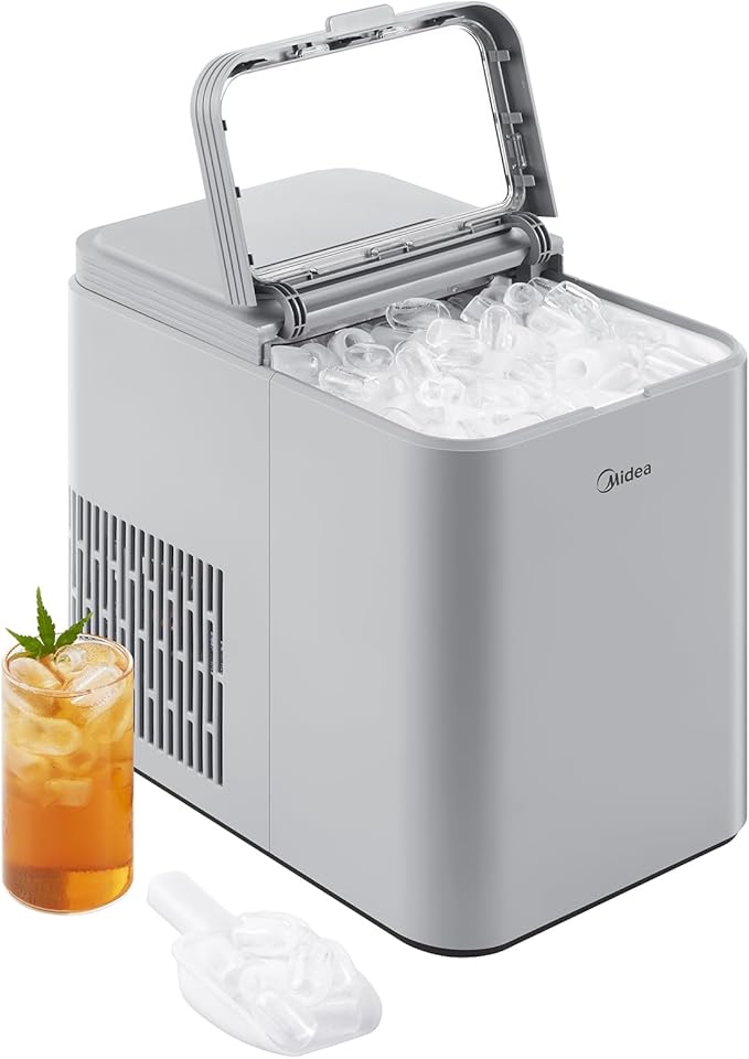 Midea MERI26B1AGY Countertop Bullet-Ice Maker, 8 Ice Bullets Ready in 6 Minutes, 26lbs/24H, Self-Cleaning Function with Ice Scoop and Basket for Home/Office/RV