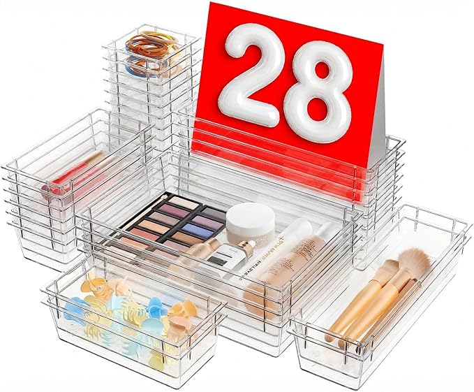 【Military Grade】A-LuGei Drawer Organizer, 【𝟱𝗦𝗶𝘇𝗲】 Makeup organizer, 【Holds 177 Items】 Bathroom Organizers and Storage, Organization and Storage, Desk Drawer Organizer for Vanity (Clear)