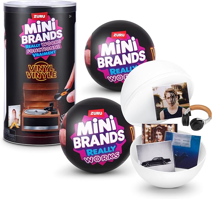 Mini Brands Really Works Vinyl Capsule Series 1 (2 Pack) by ZURU - 8 Playable Mini Vinyl Records & 2 Surprise Accessory, Mystery Blind Capsule, Katy Perry, Kendrick Lamar, Fall Out Boy, Chappell Roan