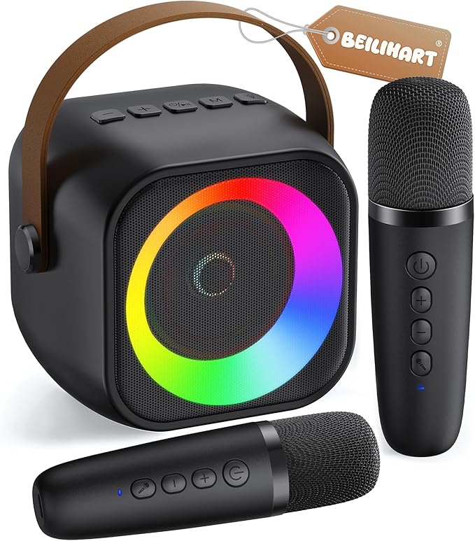 Mini Karaoke Machine, Portable Bluetooth Karaoke Speaker with 2 Wireless Microphones and Party Lights for Kids and Adults, Birthday Gifts for Girls Boys Family Home Party