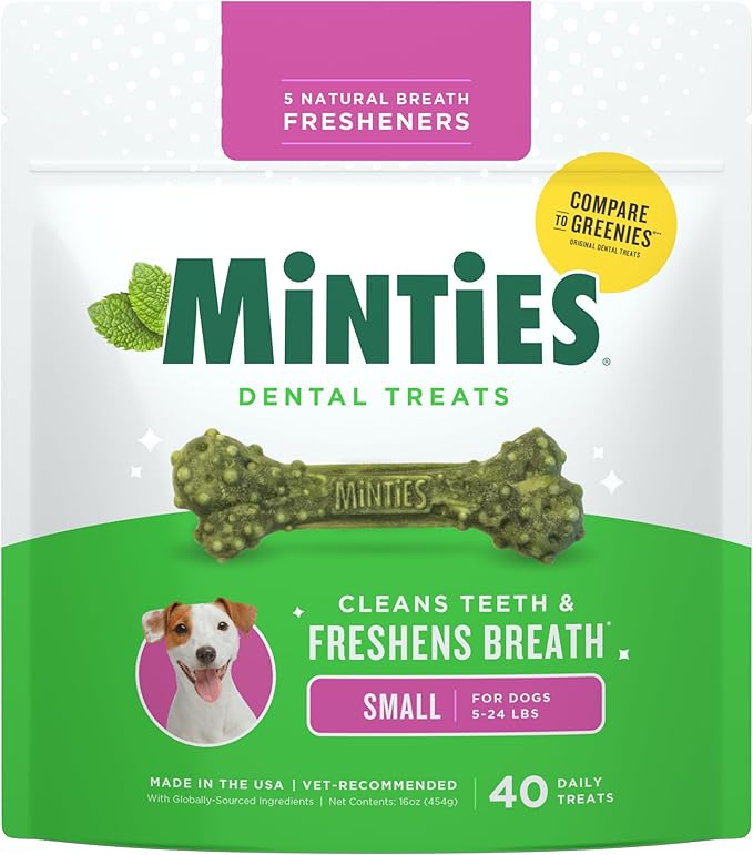 Minties Dog Dental Bone Treats, Tiny/Small Dental Dog Treats, 16 Ounces, Cleans Teeth, Fight Bad Breath, Removes Plaque and Tartar, 40 Count