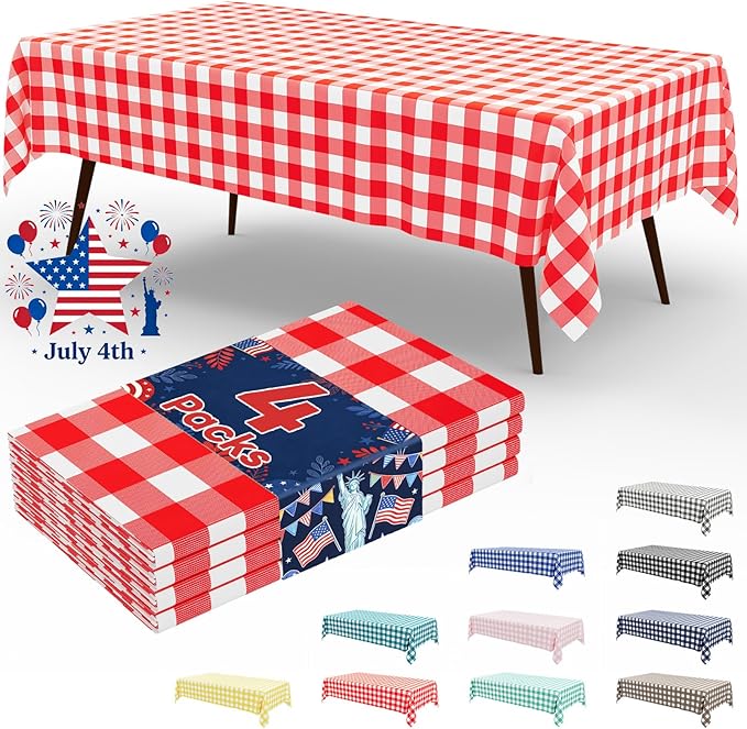 misaya 4 Packs Buffalo Disposable Table Cloth, 54 x 108 Inch Waterproof Plastic Tablecloth, Rectangle Red and White Checkered Table Covers for Picnic, Birthday, 4th of July Party