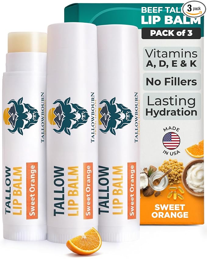 Moisturizing Tallow Lip Balm – Grass-Fed Beef Tallow with Organic Coconut Oil, Beeswax, and Vitamin E – Sweet Orange – Lip Balm Set – Travel Essential – 3-Pack
