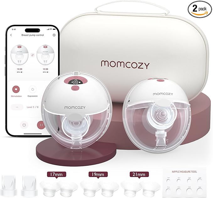 Momcozy M5 Smart APP Controlled Wearable Breast Pump, Hands-Free Wireless Electric Pump, 3 Modes 9 Suction Levels, BPA-Free, Portable Lightweight, 24mm Flange, 2-Pack Cozy Red