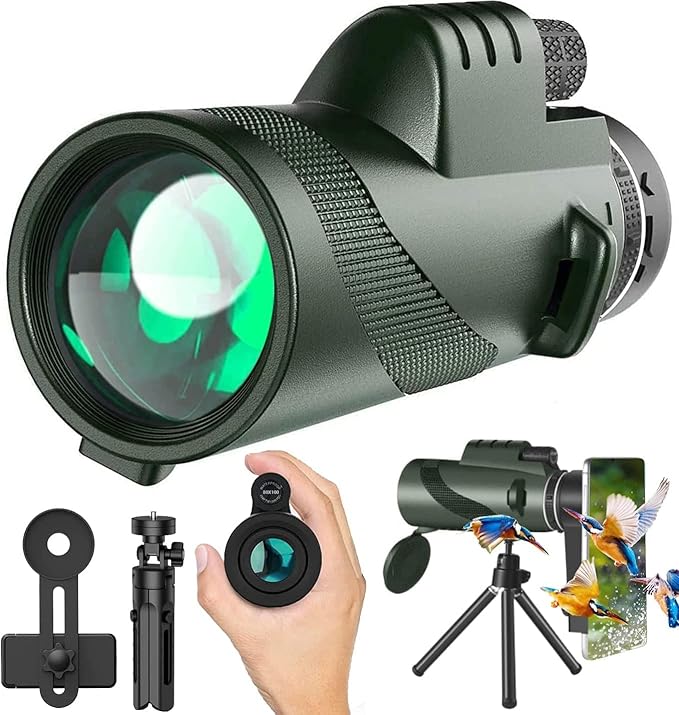 Monocular Telescope 80x100 High Powered Monoculars High Definition for Adults High Powered with Smartphone Adapter Telescope Wildlife Bird Watching Travel Camping Hiking Green